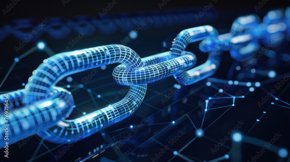 Poster a visually compelling depiction of blue digital chain links integrated with computer circuitry detai