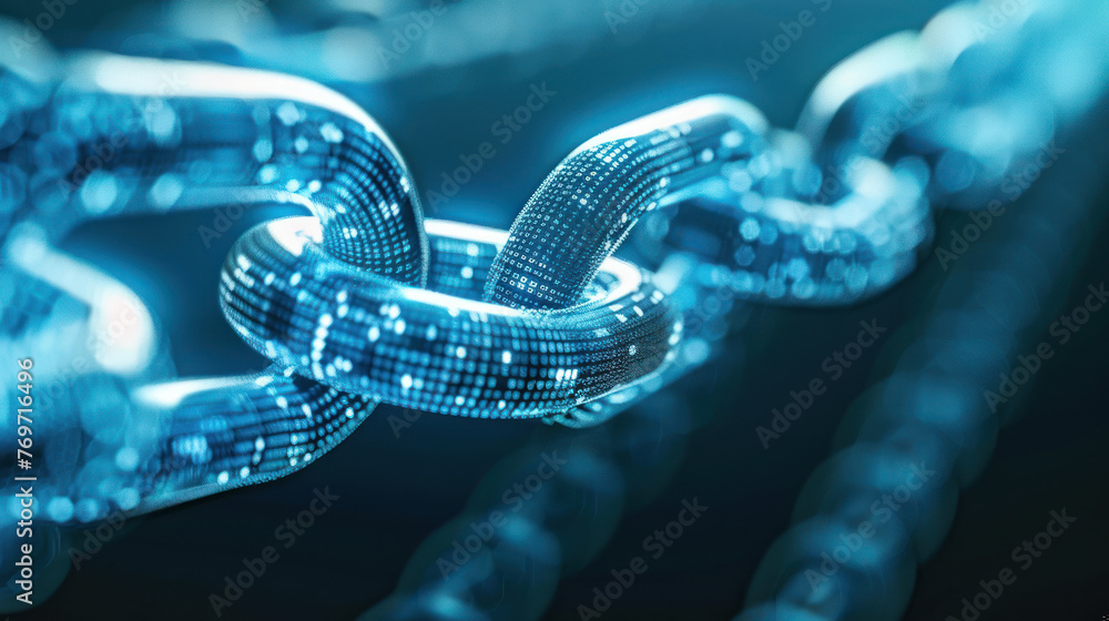 Poster a close-up conceptual illustration of glowing digital blockchain links with a dark, technical backgr