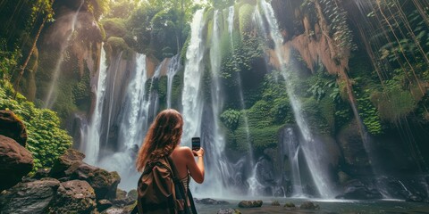 A woman taking a photo of a stunning waterfall with her smartphone.  - Powered by Adobe