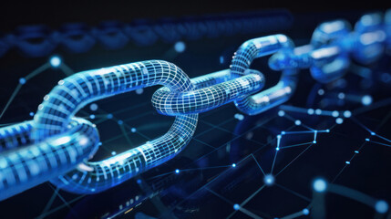 A visually compelling depiction of blue digital chain links integrated with computer circuitry details