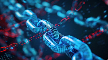 Creative image featuring 3D chain links with a glowing red binary code, symbolizing secure data connections