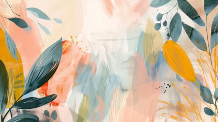 Contemporary hand-drawn spring backdrop featuring abstract leaves 