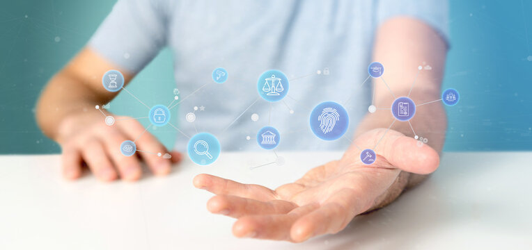 Businessman holding Cloud of justice and law icon bubble with data 3d rendering