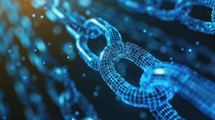 Modern digital blockchain chain displayed with a captivating wireframe design on a dynamic background