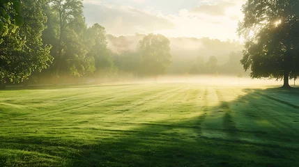 Foto op Canvas Serene Morning View of the Sun Rising Above a Lush Golf Course, Surrounded by Majestic Trees © Maksym