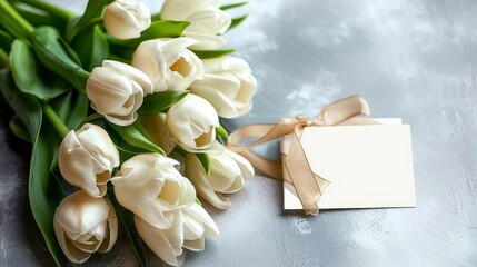 A Feminine Festive Composition of White Tulips, a Craft-Wrapped Present, and a Blank Greeting Card for Mother's Day