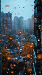 view of a snowfall falling in winters on the street road with buildings