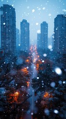 view of a snowfall falling in winters on the street road with buildings