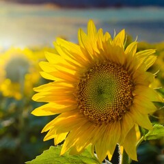 Obraz premium Golden Glow: Stunning Close-Up of Sunflower in Field Backdrop