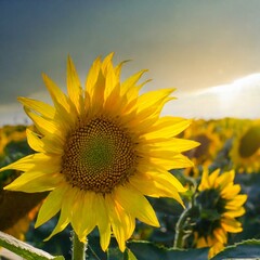 Obraz premium Golden Glow: Stunning Close-Up of Sunflower in Field Backdrop