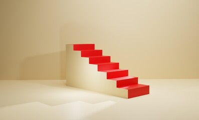 Modern red staircase against beige floor, showcasing minimalist interior design with vibrant contrast and contemporary elegance