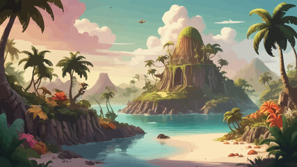 Fototapeta na wymiar Fantasy Island Cartoon Logo Design Very Cool
