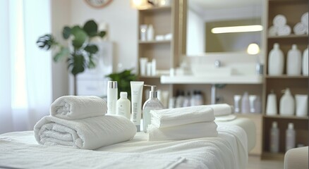 Fototapeta na wymiar New Spa Massage Room with Organic Skincare Products and Pristine White Towels Ready for Relaxation