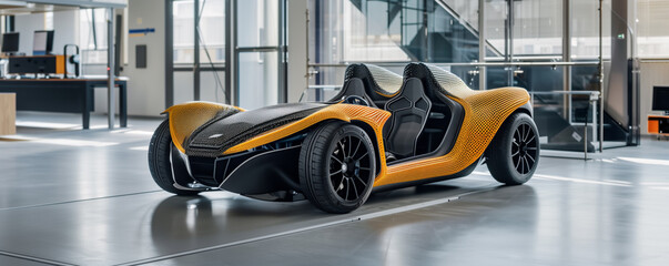 A modern, innovative concept sports car with a striking black and orange design displayed in a showroom setting - obrazy, fototapety, plakaty