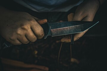 Man in protective gloves carefully carves a piece of wood using a knife with a blurry background