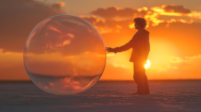 Person touching a giant bubble against a vibrant sunset backdrop.