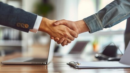 Handshake above office desk - Satisfied client and company worker closing business deal and confirming cooperation - obrazy, fototapety, plakaty