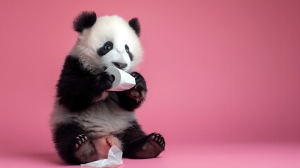 Adorable interesting little child panda bear playing with roll of tissue on radiant pink background