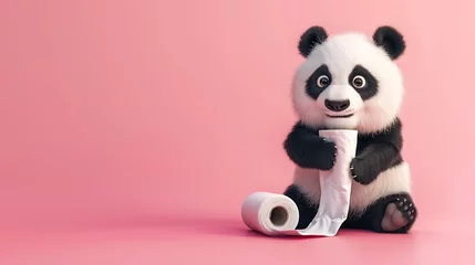 Poster Adorable interesting little child panda bear playing with roll of tissue on radiant pink background © Emma