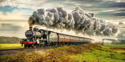 A vintage steam train chugging through countryside scenery. 