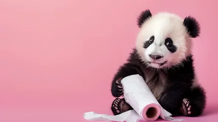 Gartenposter Adorable interesting little child panda bear playing with roll of tissue on radiant pink background © Emma