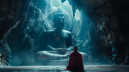Buddhist monks engaging near serene Buddha statue in the cave.. Harmony and Serenity Concept. Generative AI.