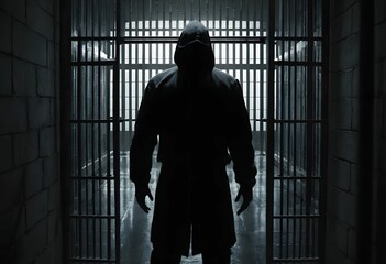A hooded man in a dark prison cell. AI created.  - obrazy, fototapety, plakaty