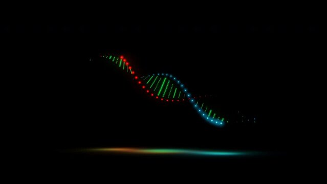 A simple DNA molecule double helix model made from multicolored small glowing neon dots, light bulbs with shadow isolated on a black background. Looped animation 4k 60 fps.