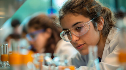 An observant young female scientist examines scientific samples in a lab, representing the meticulous nature of research and analysis.