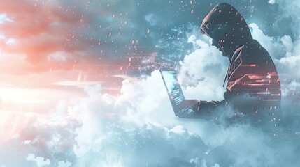 Fototapeta premium Hacker utilizing a laptop amidst a digital polygonal cloud and binary code, illustrating the intersection of cloud computing and criminal activity in a double exposure concept