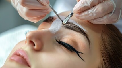 Close-Up on a Model Receiving Professional Beautician Treatment for Eyelash Extensions and Eyebrow Shaping