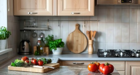 A Classic Kitchen Scene with Gas Cooktop, Wooden Cabinets, and Eco-Friendly Utensils Amidst Fresh Produce - obrazy, fototapety, plakaty