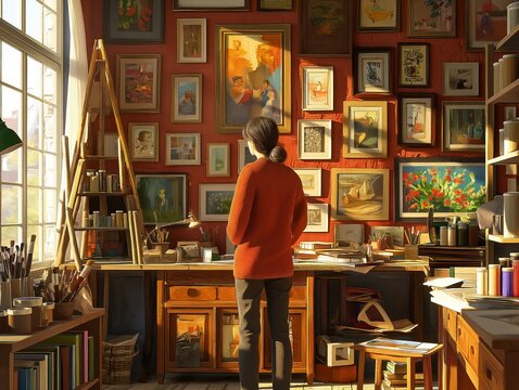 A woman stands in front of a desk with a variety of paintings on the wall. She is looking at the paintings with interest. The room has a cozy and artistic atmosphere, with a mix of colors and textures