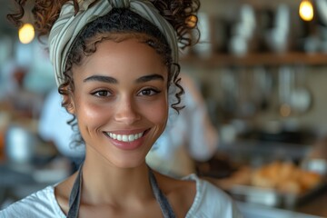 Confident smiling chef with beautiful curls