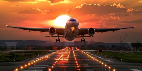 A passenger jet taking off from a runway at sunset. 
