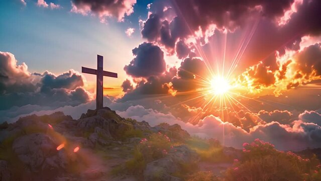 Christian cross in the glow of the sun, mountain landscape above the clouds