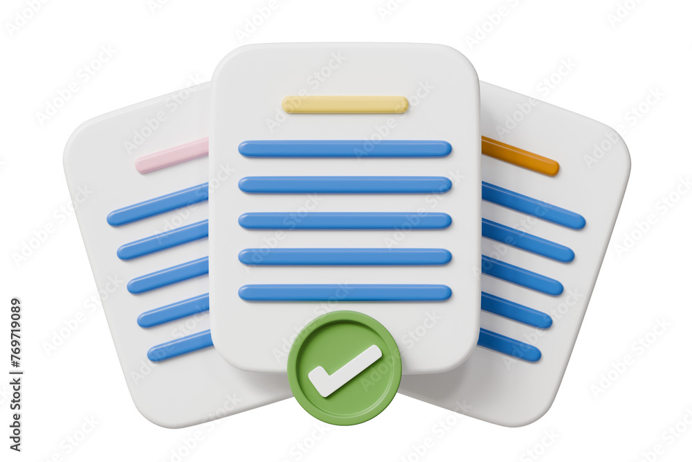 Poster 3d minimal business documents note paper with checkmark or tick mark icon. sheets of paper. approved