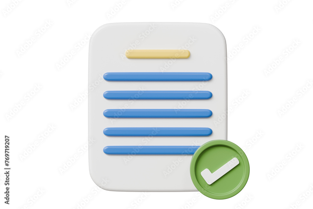 Poster 3d minimal business documents note paper with checkmark or tick mark icon. sheets of paper. approved