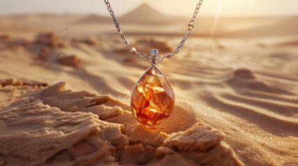An exquisite amber gemstone pendant captured in the serene backdrop of a desert, highlighting its beauty and elegance - obrazy, fototapety, plakaty