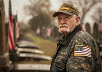 Obraz premium A Sad Elderly Soldier Visiting a Military Cemetery, Standing In The Rain, Cloudy Day, Gravestones With American Flags On The Side