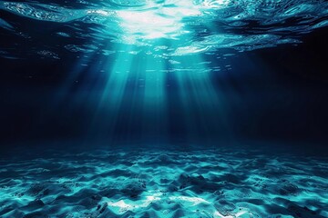 serenity of the ocean depths, with the dark blue surface glistening under the radiant illumination of clear ocean light pouring down from the surface, evoking a sense of wonder and awe - obrazy, fototapety, plakaty