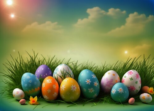 Easter Eggs and decoration on blury Spring Sky Background: Vibrant Illustration for Easter Celebrations