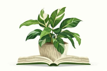 Houseplant flourishing in an upcycled book planter, vector illustration, growth and recycling, isolated