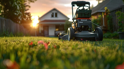A gasoline lawn mower stands on the lawn near the house at sunset