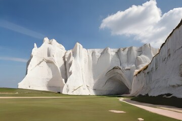 White chalk cliffs with natural arch under sky on sunny day Generative AI