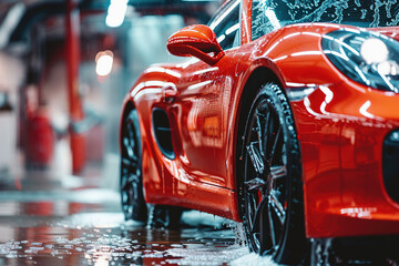 red car close up view car wash service  - obrazy, fototapety, plakaty
