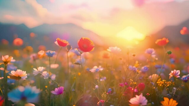 Springtime splendor: Animated flowers bloom in meadows, bathed in warm spring glow.