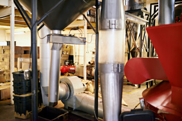 Machine, warehouse and industrial factory for production with stock manufacturing, shipping or storage. Equipment, storehouse and wholesale goods for supplier packaging, preparation or workplace