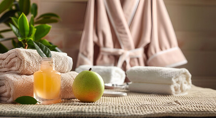 Towels with oil and fruits and beauty treatments at the spa