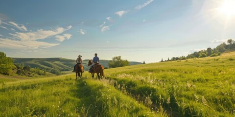 Fototapeta na wymiar A couple horseback riding through rolling hills and meadows. 